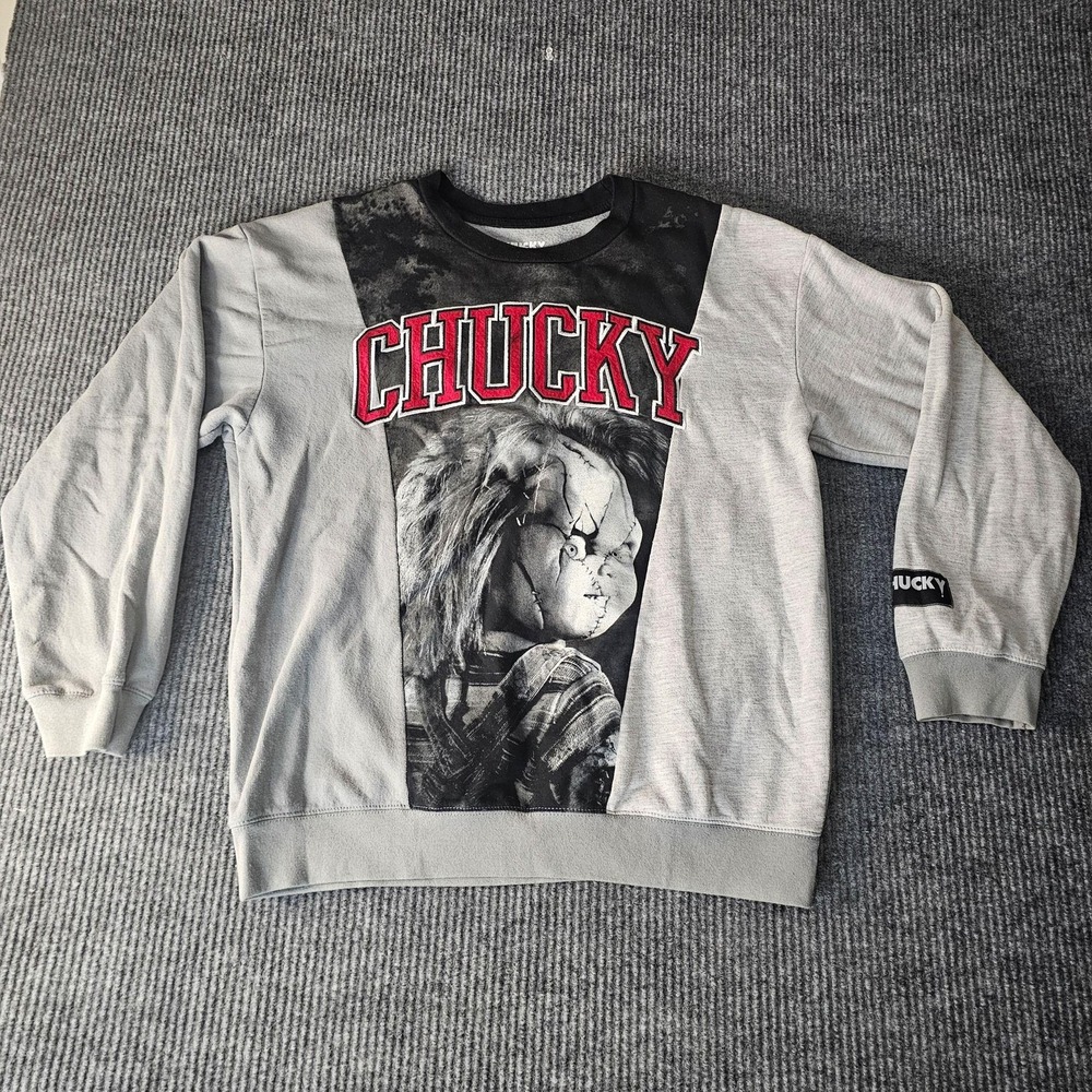 Chucky Sweatshirt Mens LARGE Gray Horror Graphic Fleece Pullover Movie Halloween